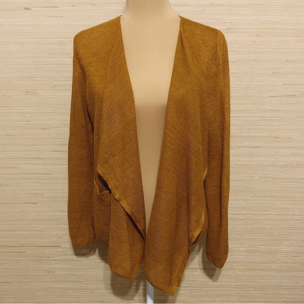 Stefanel Women’s Mustard Open Front Flax Linen Knit Lightweight Cardigan Medium